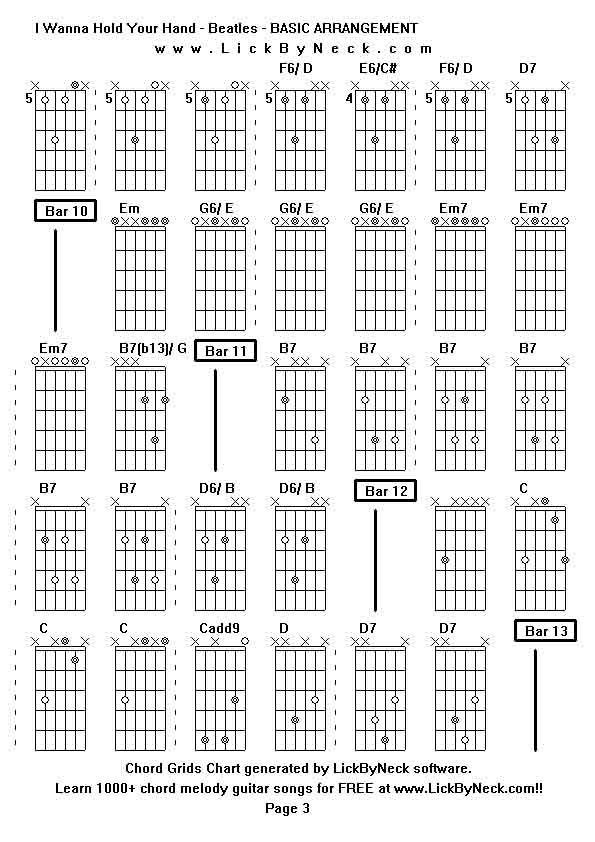 Chord Grids Chart of chord melody fingerstyle guitar song-I Wanna Hold Your Hand - Beatles - BASIC ARRANGEMENT,generated by LickByNeck software.